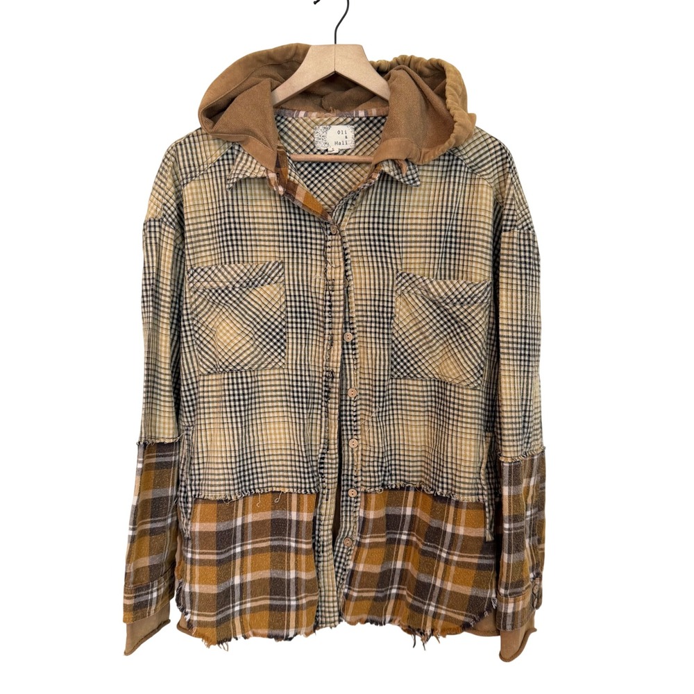 Oli & Hali Hooded Flannel Shirt S Mustard Brown Plaid Patchwork